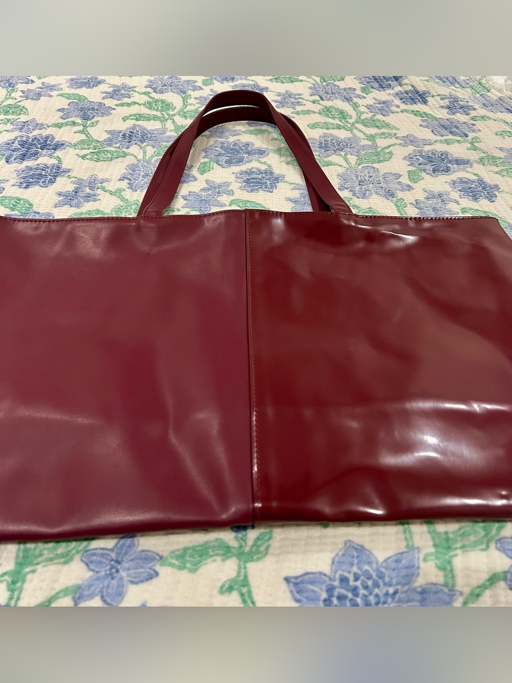 Large Burgundy Two-Tone Matte & Glossy Faux Leather Shopper Tote NWOT!